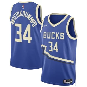 Giannis Bold Antetokounmpo Milwaukee Bucks Nike Unisex 2024/25 Swingman Player Jersey City Edition Royal
