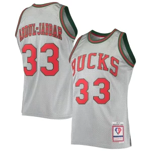 Kareem Abdul Bold Jabbar Milwaukee Bucks 75th Anniversary 1971/72 Hardwood Classics Swingman Jersey Silver